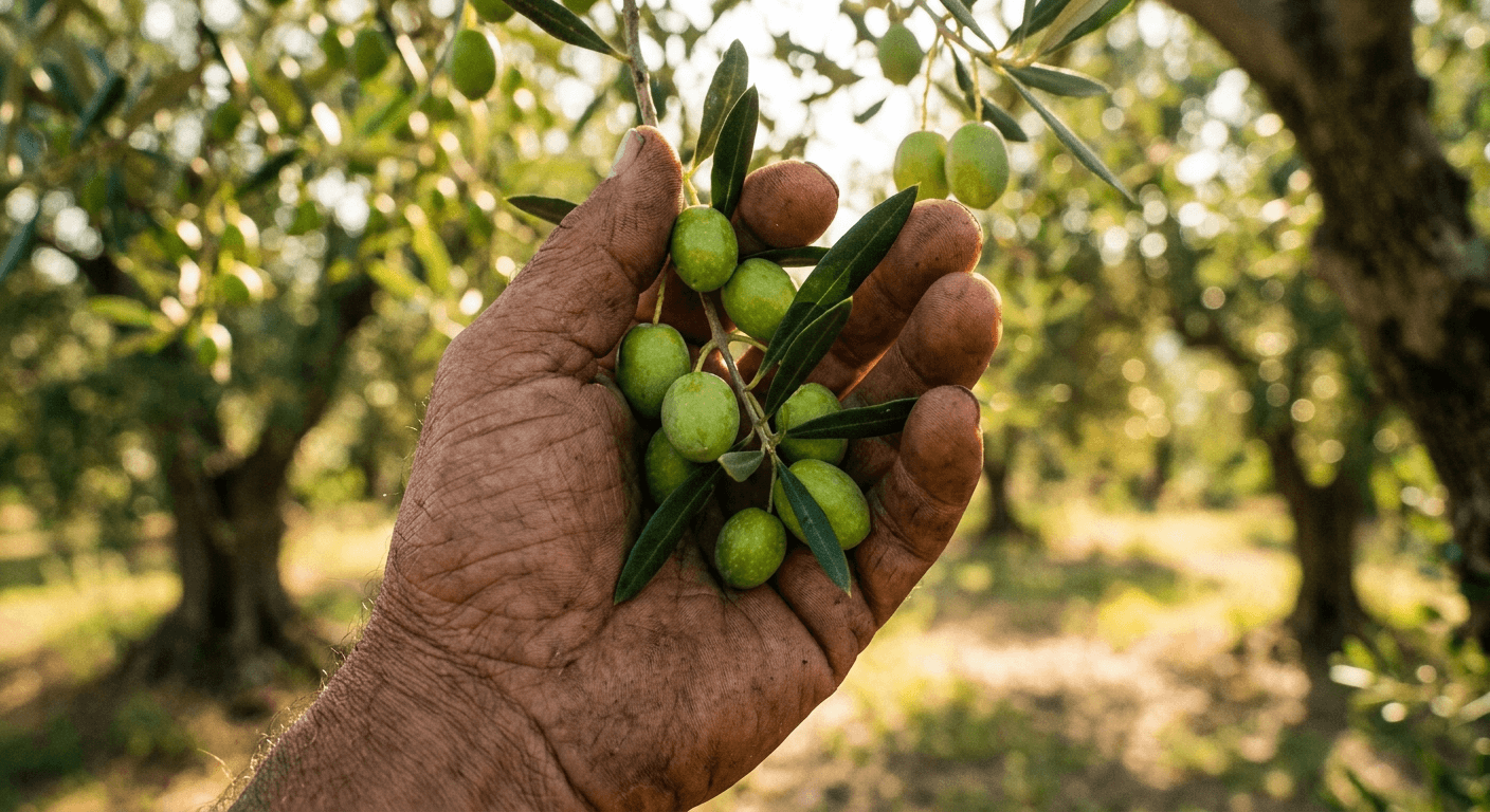Harvester's hands cradling Electric Green olives